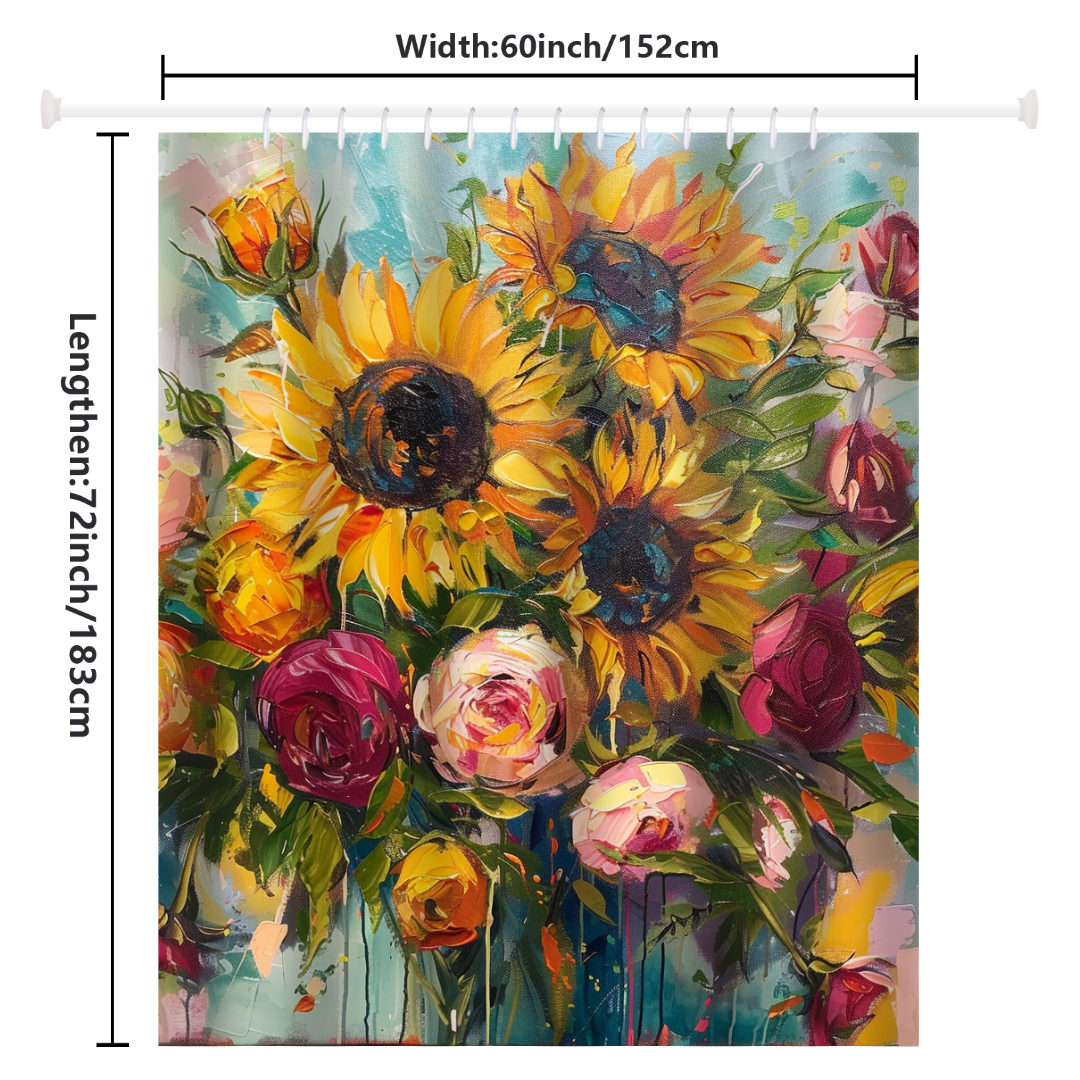 The Cotton Cat Watercolor Painting Sunflower and Roses Shower Curtain features a vibrant bouquet of sunflowers and roses, presented in a stunning watercolor painting. The dimensions are marked as 60 inches wide and 72 inches long.