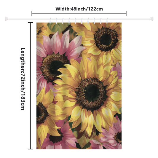 Introducing the Rustic Pink Sunflower Shower Curtain-Cottoncat by Cotton Cat, perfect for farmhouse decor. This polyester shower curtain features a stunning sunflower and floral design, measuring 48 inches (122 cm) in width and 72 inches (183 cm) in length. Transform your bathroom with this charming piece!