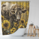 The Cotton Cat Rustic Cow Yellow Sunflower Shower Curtain-Cottoncat, featuring a charming cow standing amidst bright yellow sunflowers, brings farmhouse decor to your bathroom, complete with a freestanding bathtub and a wooden stool holding toiletries.