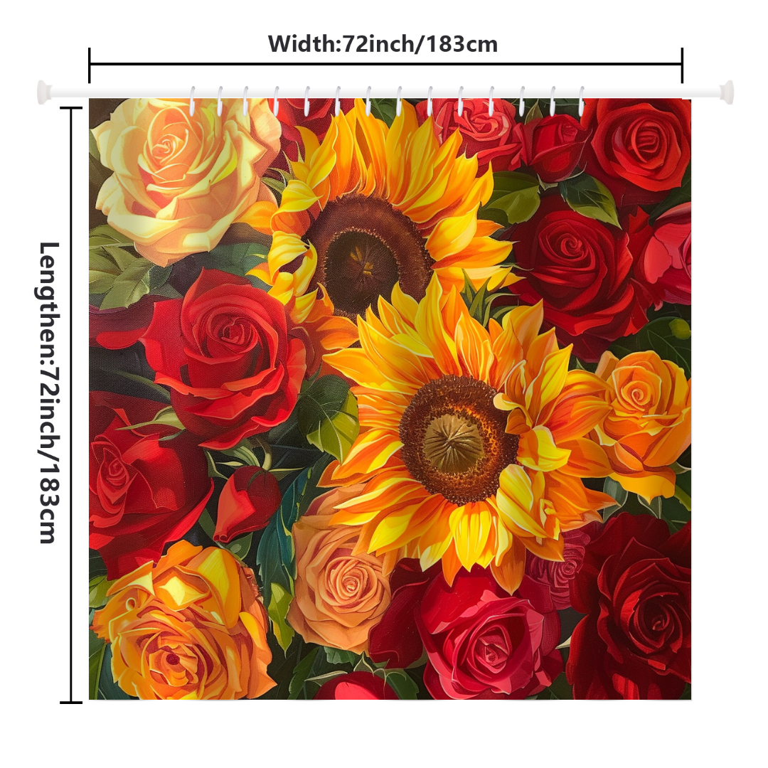 The Romantic Sunflower Red Roses Shower Curtain by Cotton Cat is a 72x72 inch premium polyester curtain adorned with vibrant yellow sunflowers and red roses arranged on a lush green leafy background, ideal for adding romantic-themed decor to your bathroom.