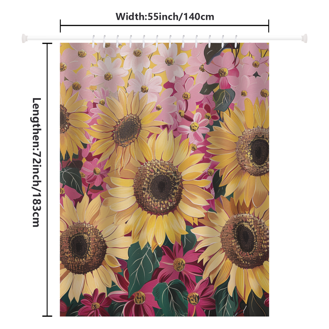 The Cotton Cat's Vintage Pink Cartoon Sunflower Shower Curtain, offered by Cotton Cat, is a high-quality polyester shower curtain measuring 55 inches wide by 72 inches long, showcasing a whimsical design of sunflowers and other mixed flowers in vibrant colors.