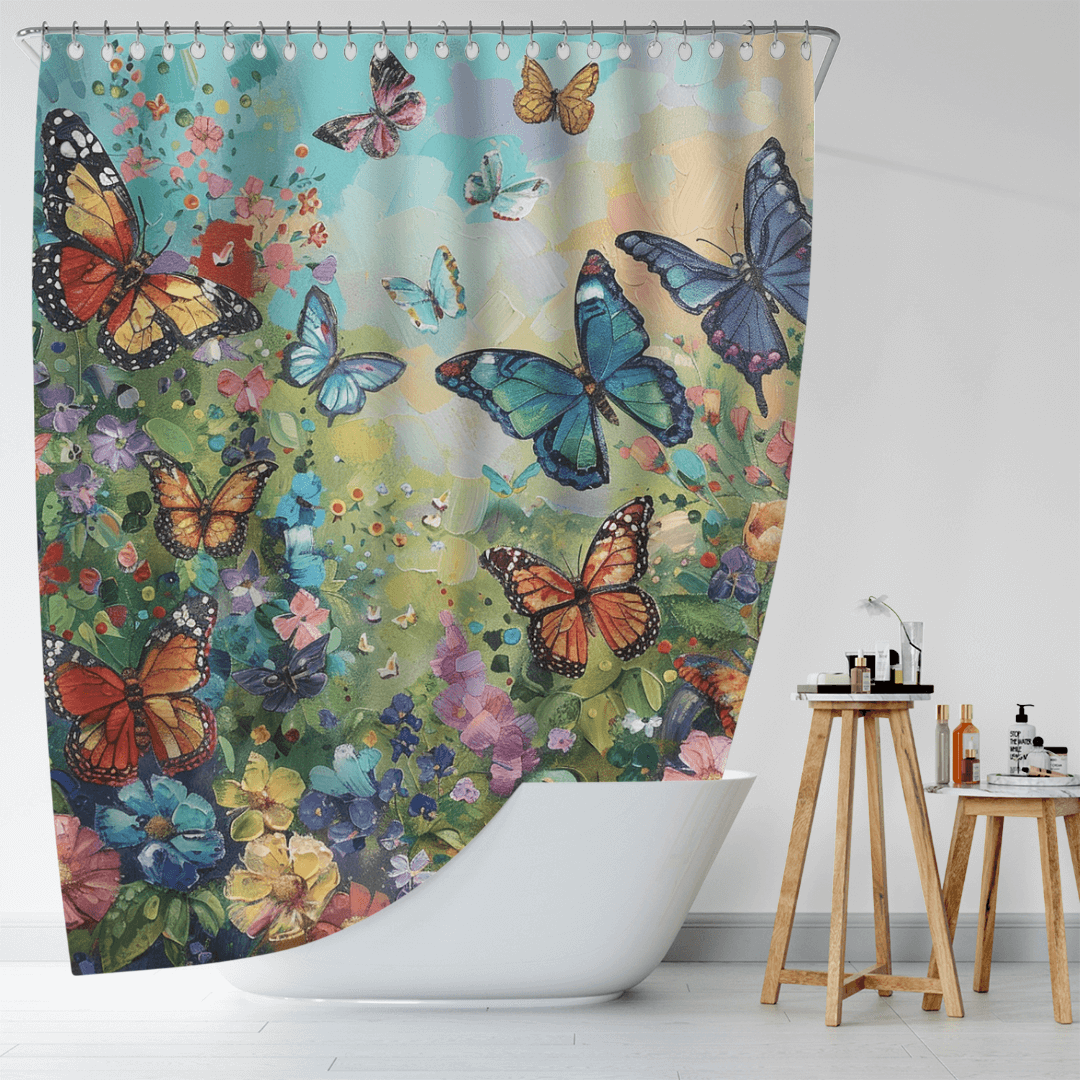 A white bathtub is partially covered by the whimsical Colorful Blue Butterfly Shower Curtain-Cottoncat from Cotton Cat, made from water-resistant fabric and featuring butterflies and flowers. A wooden stool beside the tub holds toiletries and a small plant, enhancing the bright, clean look of the bathroom decor.