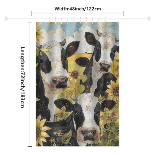 The Cotton Cat Rustic Cheerful Painting Cow Sunflower Shower Curtain features a vibrant, rustic painting of four cows and sunflowers on durable fabric, measuring 48 inches wide by 72 inches long (122 cm by 183 cm).