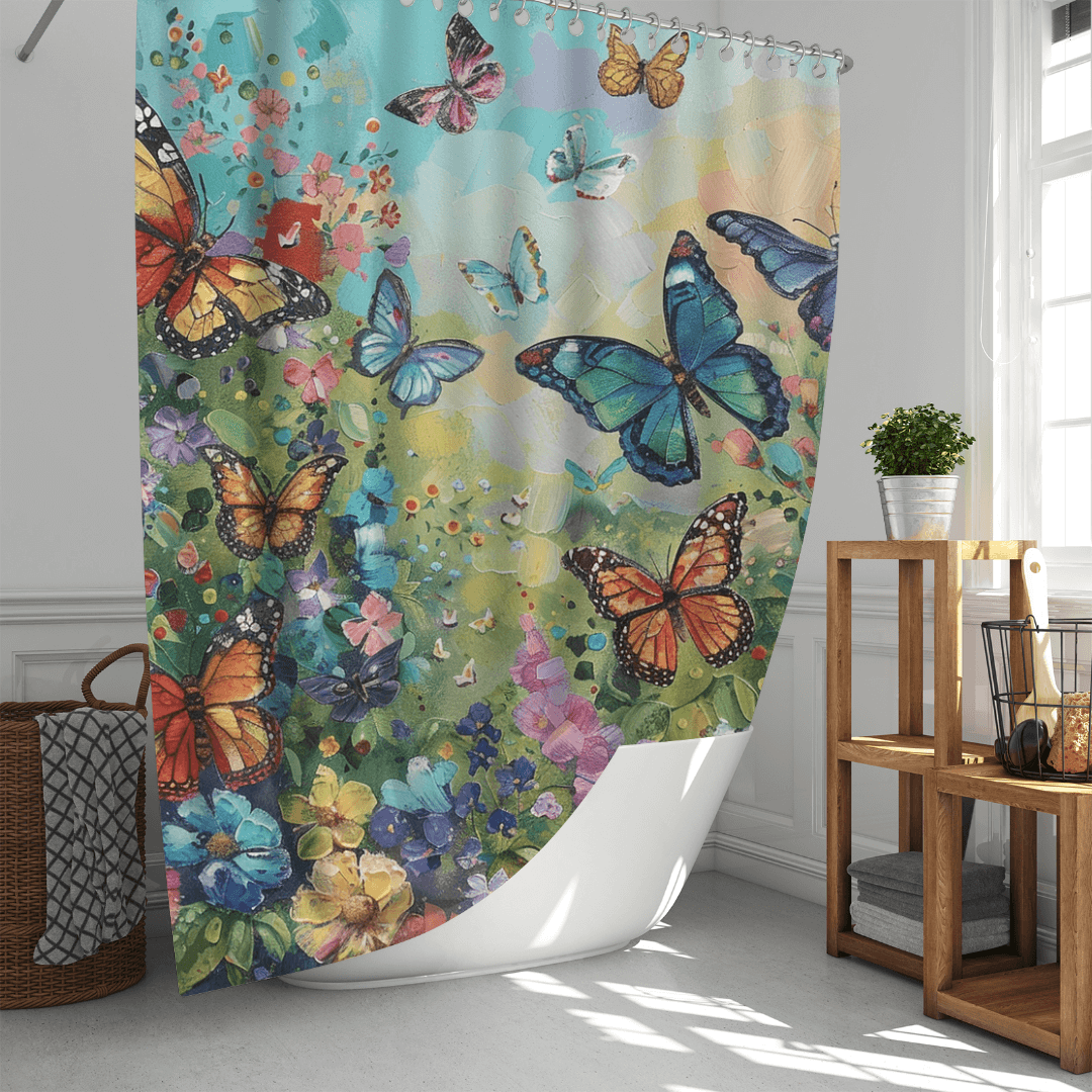 A vibrant bathroom features the whimsical Colorful Blue Butterfly Shower Curtain by Cotton Cat, crafted from water-resistant fabric and adorned with butterfly and flower designs. The space is complemented by a wicker basket and a wooden shelf showcasing a potted plant, bringing vivid charm to your bathroom decor.