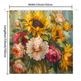 This Cotton Cat Yellow Oil Paint Sunflower Pink Flower Shower Curtain-Cottoncat features an artistic polyester design showcasing sunflowers, roses, and other flowers and measures 72 inches (183 cm) in width and length.