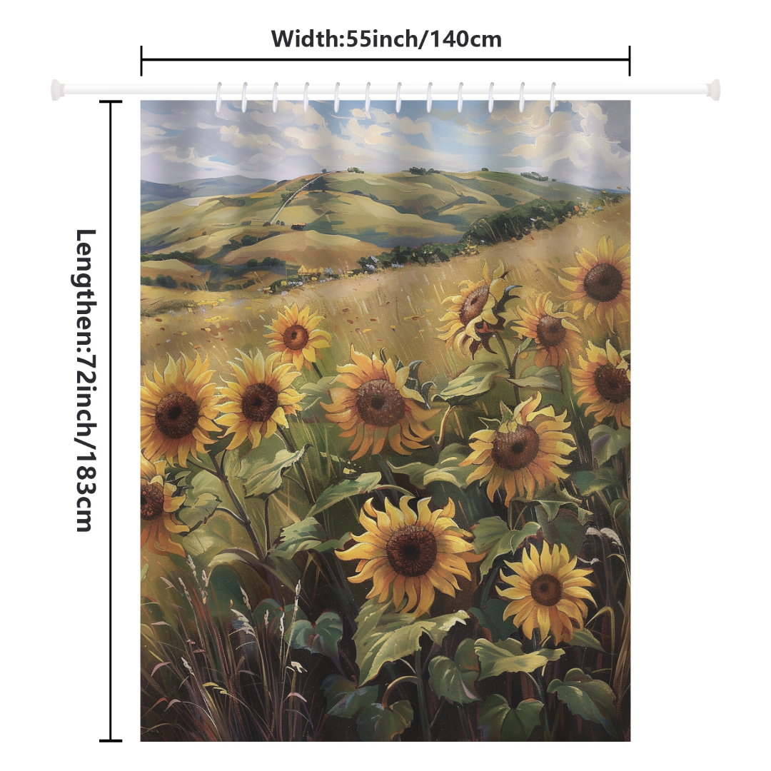 The Cotton Cat Rustic Sunflowers Grasses Gentle Hills Shower Curtain, measuring 55 inches wide and 72 inches long, is perfect for adding charming bathroom decor with its sunflower field design.