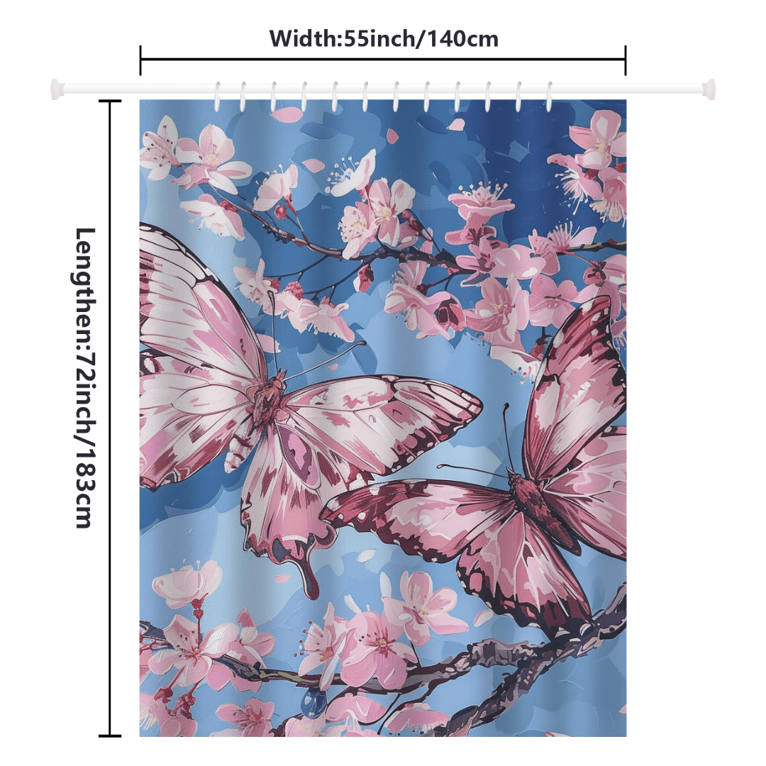 The Cotton Cat Aesthetic Blue Sky Pink Butterfly Floral Shower Curtain, featuring nature-inspired pink butterflies and blossoms on a serene blue sky background, measures 55 inches in width and 72 inches in length.