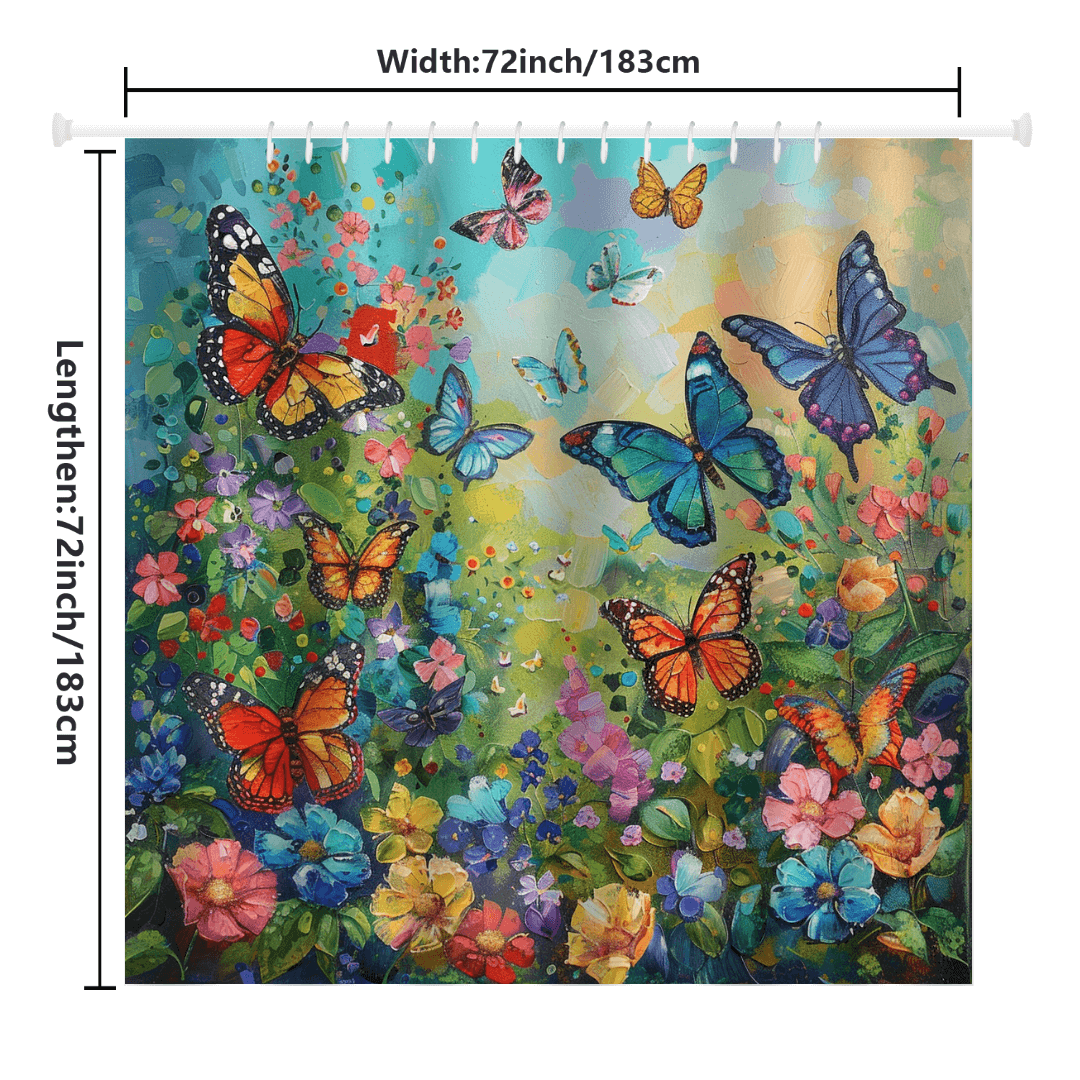 Introducing the whimsical Colorful Blue Butterfly Shower Curtain-Cottoncat by Cotton Cat: a vibrant sanctuary adorned with various butterflies and flowers. This decorative piece, made from high-quality water-resistant fabric, measures 72 inches by 72 inches (183 cm by 183 cm), ensuring both beauty and durability for your bathroom.