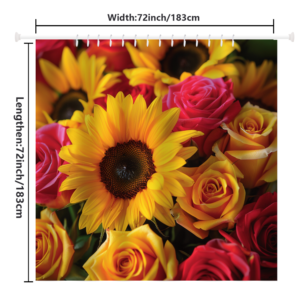 The Rustic 3D Sunflower Roses Shower Curtain by Cotton Cat is a vibrant tapestry perfect for a farmhouse bathroom decor. Measuring 72 inches by 72 inches, it features a large sunflower surrounded by an array of red, yellow, and orange roses, adding rustic charm to any shower space.