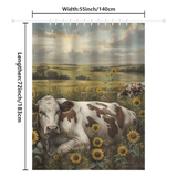 The Farmhouse Cow Graze Sunflower Shower Curtain by Cotton Cat, measuring 55 inches wide by 72 inches long, showcases a tranquil scene of cows grazing among sunflowers under a dramatic sky.