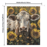 A white cow stands in a sunflower field, creating a charming aesthetic for the Cotton Cat Farmhouse White Cow in a Field of Sunflowers Shower Curtain. This sunflower bathroom decor item, specifically designed by Cotton Cat, measures 66 inches in width and 72 inches in length.