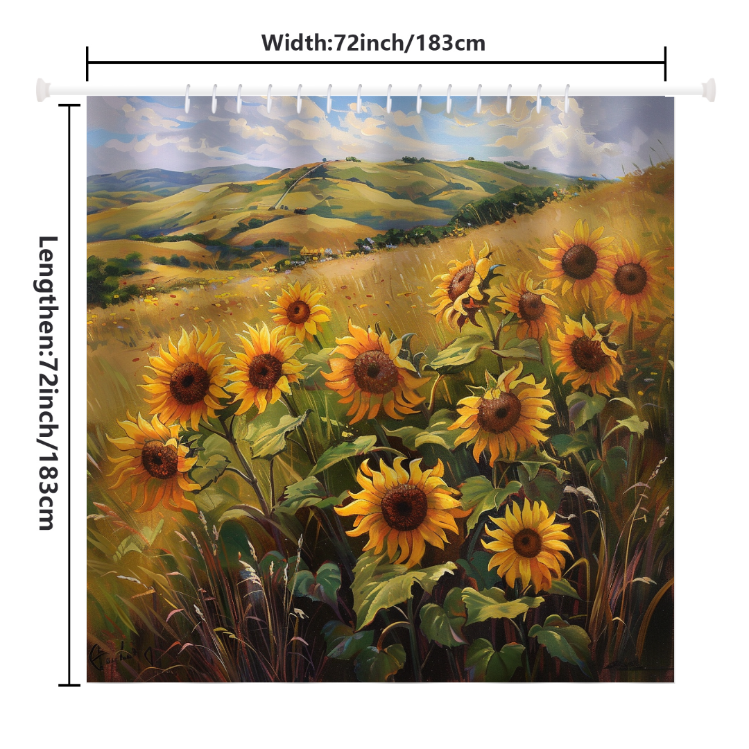 The Cotton Cat Rustic Sunflowers Grasses Gentle Hills Shower Curtain showcases a beautiful sunflower field design against gentle hills and a blue sky. Measuring 72 inches (183 cm) in both width and length, it is perfect for elevating your bathroom decor.