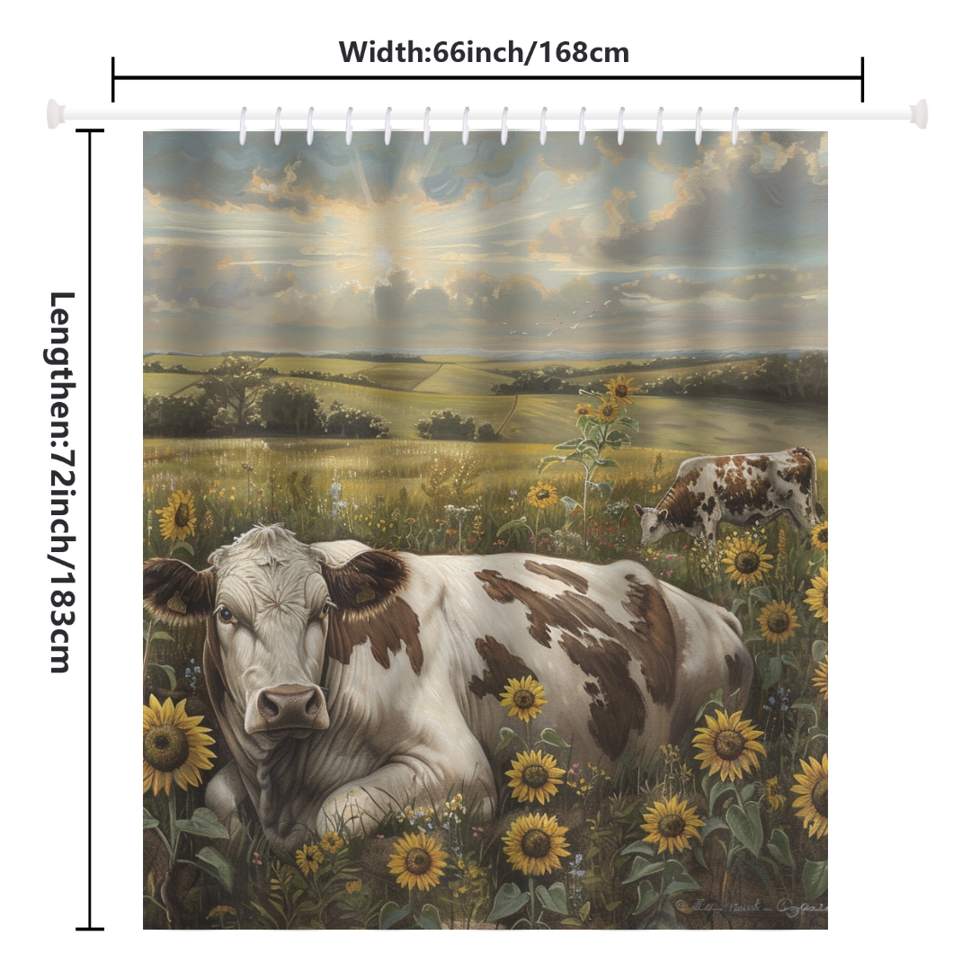 The Farmhouse Cow Graze Sunflower Shower Curtain by Cotton Cat showcases two cows lounging in a sunflower field beneath a cloudy sky. The curtain measures 66 inches in width and 72 inches in length.