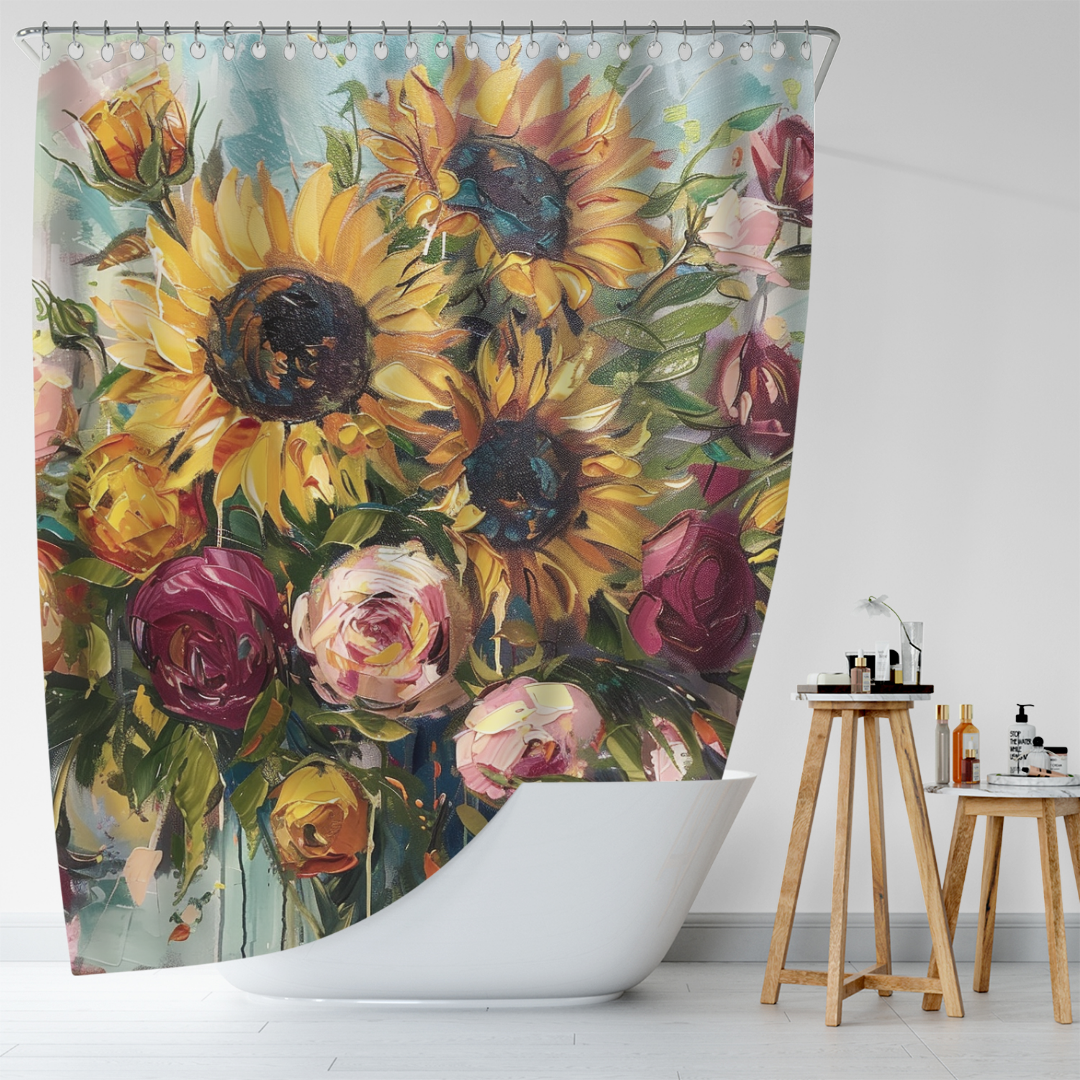 The Watercolor Painting Sunflower and Roses Shower Curtain-Cottoncat by Cotton Cat, featuring a vibrant botanical scene of sunflowers and roses, brings a burst of color to any modern bathroom decor. It drapes gracefully beside the white bathtub, complemented by a nearby wooden stool holding toiletries.