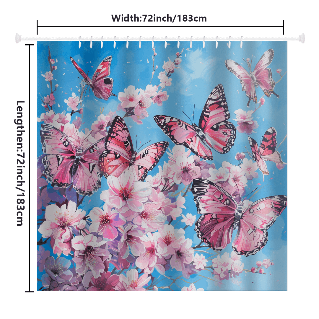 Introducing the Cotton Cat Vintage Pink Butterfly Flying over Water Shower Curtain, measuring 72 inches by 72 inches. This beautiful curtain features a design of pink butterflies and cherry blossoms against a blue background. It's crafted from water-resistant fabric, making it perfect for vintage bathroom decor.