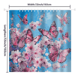 Introducing the Cotton Cat Vintage Pink Butterfly Flying over Water Shower Curtain, measuring 72 inches by 72 inches. This beautiful curtain features a design of pink butterflies and cherry blossoms against a blue background. It's crafted from water-resistant fabric, making it perfect for vintage bathroom decor.