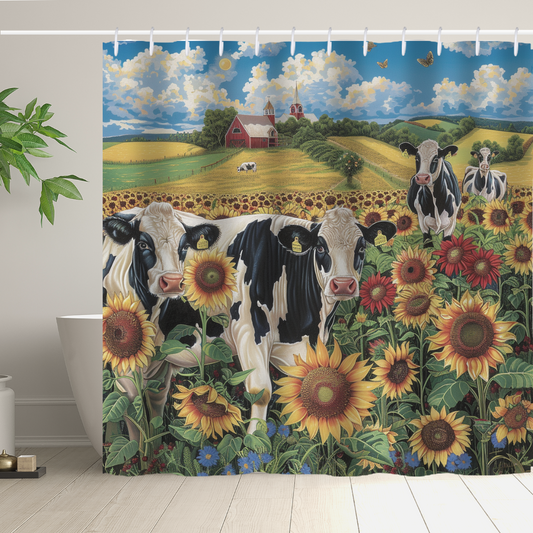 The Cotton Cat Rustic Farmhouse Cow Sunflower Shower Curtain Blue Sky-Cottoncat, featuring cows standing among sunflowers with a farm and rolling hills in the background, is elegantly hung in a bathroom next to a white bathtub and a potted plant.