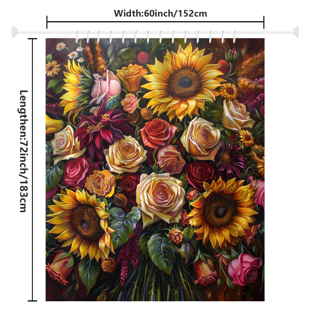 A vibrant shower curtain from Cotton Cat, named "Whimsical Sunflower Red Roses," featuring playful designs of whimsical sunflowers and red roses, measures 60 inches in width and 72 inches in length.