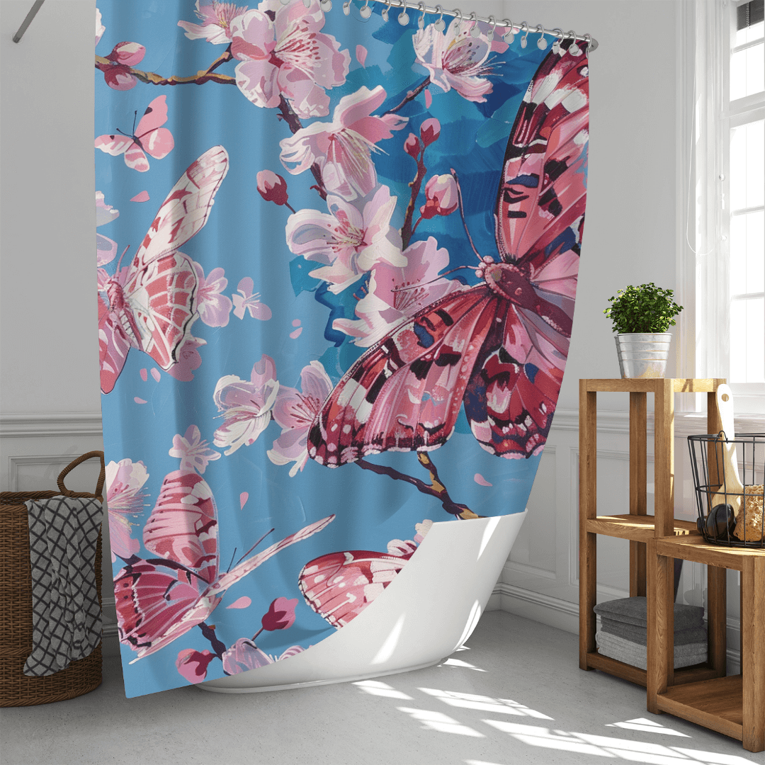 A bathroom featuring the Cotton Cat Blue Sky Painting Pink Butterfly Floral Shower Curtain, a basket with towels, and a shelf holding potted plants and toiletries against a white wall with a window.