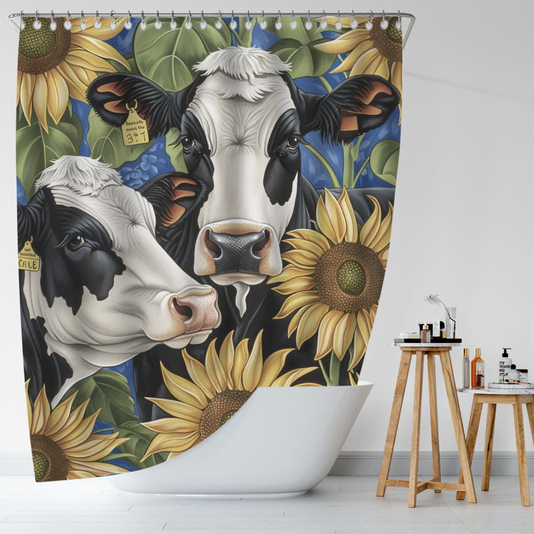 In a farmhouse bathroom decor setting, complete with a freestanding bathtub and wooden side table holding bathroom essentials, the Rustic Cow Sunflower with Green Leaf Shower Curtain-Cottoncat by Cotton Cat features an enchanting design of two black and white cows surrounded by large sunflowers.