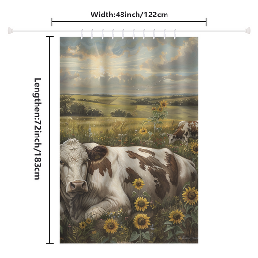 Introducing the Farmhouse Cow Graze Sunflower Shower Curtain-Cottoncat by Cotton Cat: This stunning shower curtain features a serene scene with a cow lying in a field of sunflowers, while another cow grazes peacefully in the background. Measuring 48 inches wide and 72 inches long, it's perfect for adding a touch of rustic charm to your bathroom.