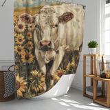 The Farmhouse Cow in a Field of Sunflowers Shower Curtain by Cotton Cat brightens up the bathroom with its charming design, complemented by a basket and shelves.