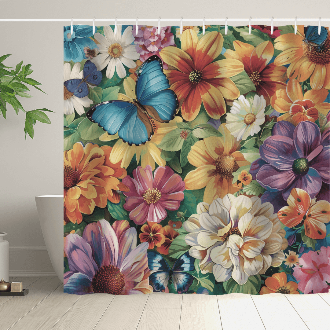 In the bathroom, a Cotton Cat Artistic Painting Colorful Butterfly Garden Shower Curtain crafted from water-resistant fabric showcases vibrant flowers and butterflies. Beside a white tub, a potted plant adds an extra touch of greenery.