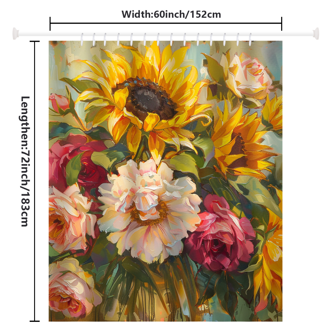 The Yellow Oil Paint Sunflower Pink Flower Shower Curtain by Cotton Cat is a colorful artistic polyester curtain featuring an oil paint design with sunflowers and pink flowers. It measures 60 inches wide and 72 inches long, as indicated by labeled arrows.