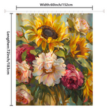 The Yellow Oil Paint Sunflower Pink Flower Shower Curtain by Cotton Cat is a colorful artistic polyester curtain featuring an oil paint design with sunflowers and pink flowers. It measures 60 inches wide and 72 inches long, as indicated by labeled arrows.