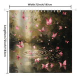 Introducing the Pink Butterfly Flying over Forest Water Shower Curtain by Cotton Cat: a mystical scene with pink butterflies fluttering above a pond, creating gentle ripples in the water. Perfect for nature bathroom decor, this Cottoncat shower curtain measures 72 inches by 72 inches.