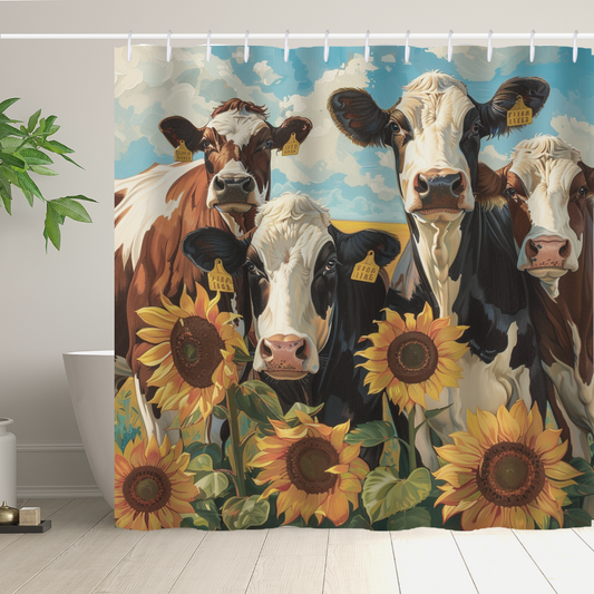 The Farmhouse Chic Cow Sunflower Shower Curtain-Cottoncat by Cotton Cat features a charming illustrated design depicting four cows and sunflowers in the foreground, with partially visible leaves on the left side of the image.