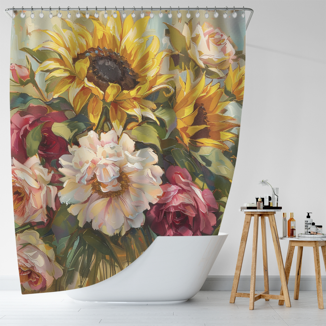 A bathroom with a white tub, a wooden stool holding various toiletries, and an artistic shower curtain by Cotton Cat, featuring an oil paint design showcasing sunflowers and pink flowers.