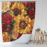 Bring romantic-themed decor to life with the Romantic Sunflower Red Roses Shower Curtain-Cottoncat by Cotton Cat. This premium polyester shower curtain features a vibrant floral design of sunflowers and red roses, beautifully showcased in front of a white bathtub in a minimalist bathroom setting.