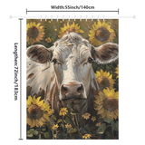 The Farmhouse White Cow in a Field of Sunflowers Shower Curtain by Cotton Cat showcases a white cow with sunflowers in the background. The dimensions are width: 55 inches (140 cm) and length: 72 inches (183 cm).