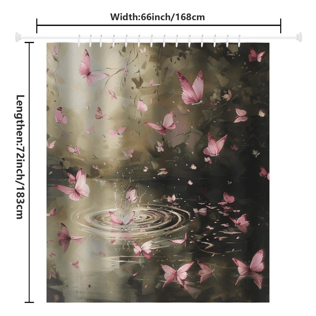 The Pink Butterfly Flying over Forest Water Shower Curtain by Cotton Cat showcases a captivating design of pink butterflies gracefully flying above a rippling water surface. Perfect as nature bathroom decor, it measures 66 inches (168 cm) wide and 72 inches (183 cm) long.