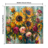 Introducing the Watercolor Painting Sunflower and Roses Shower Curtain by Cotton Cat—a colorful 72x72-inch tapestry featuring a vibrant bouquet of sunflowers and roses on a teal background, perfect for adding a touch of floral decor to your bathroom.