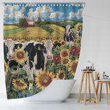 A bathroom with a Cotton Cat Rustic Farmhouse Cow Sunflower Shower Curtain Blue Sky-Cottoncat featuring a serene farm scene. The curtain is partially drawn open inside a white bathtub. A wooden stool with toiletries is placed beside the tub, enhancing the rustic farmhouse charm.