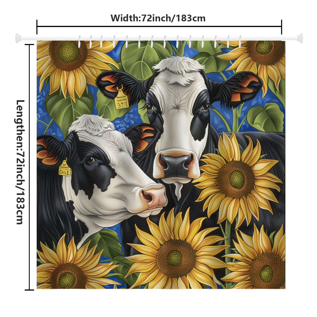 The Rustic Cow Sunflower with Green Leaf Shower Curtain-Cottoncat by Cotton Cat features two black and white cows surrounded by large sunflowers. Measuring 72 inches in length and width (183 cm), it adds a perfect touch of farmhouse bathroom decor.