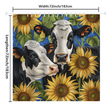 The Rustic Cow Sunflower with Green Leaf Shower Curtain-Cottoncat by Cotton Cat features two black and white cows surrounded by large sunflowers. Measuring 72 inches in length and width (183 cm), it adds a perfect touch of farmhouse bathroom decor.