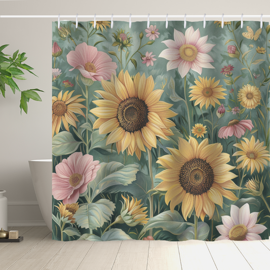 The Cotton Cat Farmhouse Green Pink Sunflower Shower Curtain-Cottoncat features a floral design with large sunflowers, daisies, and various other flowers set against a green background, while a potted plant is placed next to a white bathtub in the background.