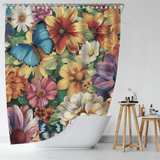 The Cotton Cat Artistic Painting Colorful Butterfly Garden Shower Curtain, featuring a vibrant butterfly garden design, hangs gracefully above a white bathtub. The water-resistant fabric adds charm to the bathroom, complemented by a wooden stool holding various toiletries.