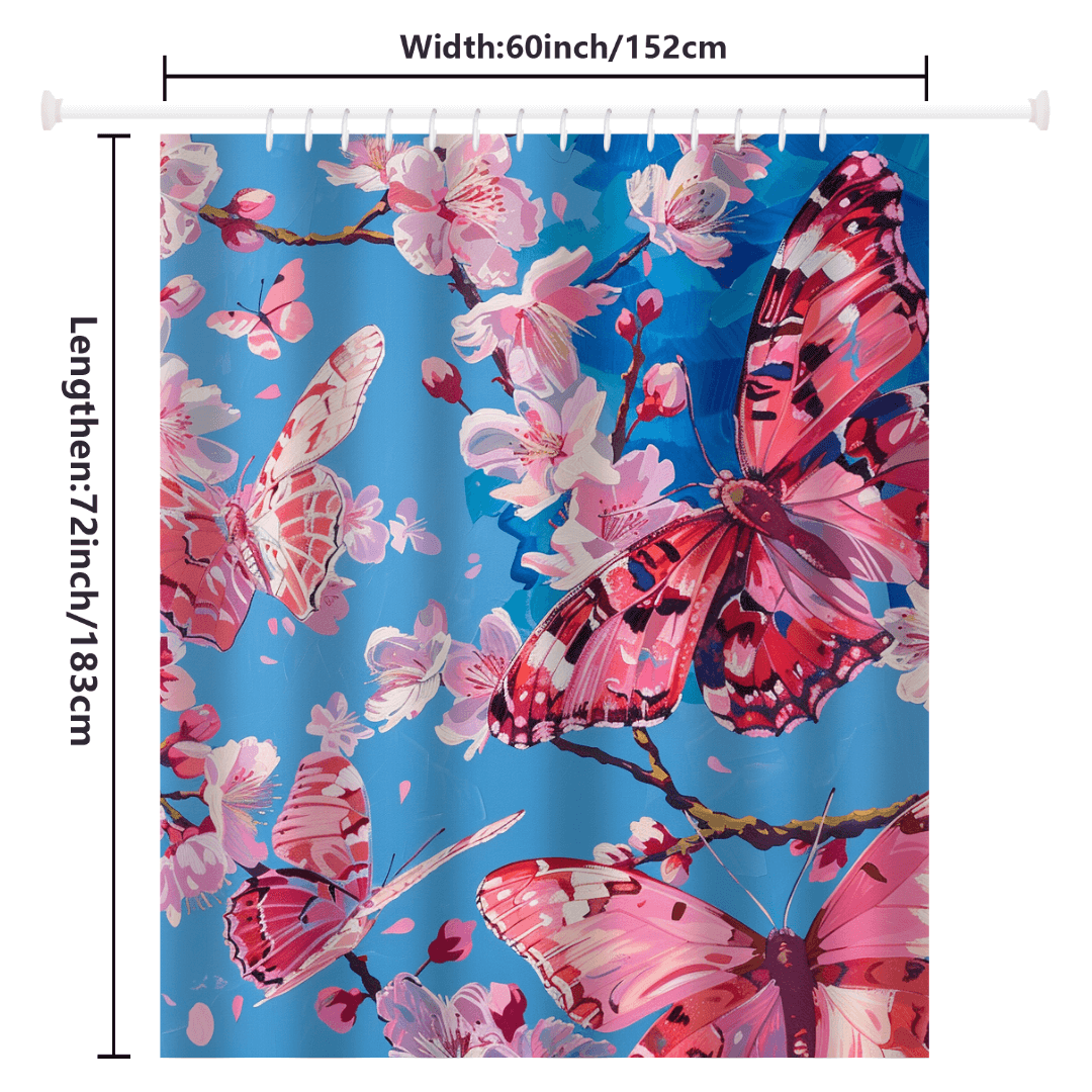 Introducing the Blue Sky Painting Pink Butterfly Floral Shower Curtain by Cotton Cat. Adorned with beautiful pink butterflies and cherry blossoms set against a serene blue background, this shower curtain measures 60 inches in width and 72 inches in length. Crafted from water-resistant fabric, it combines durability with charming aesthetics.