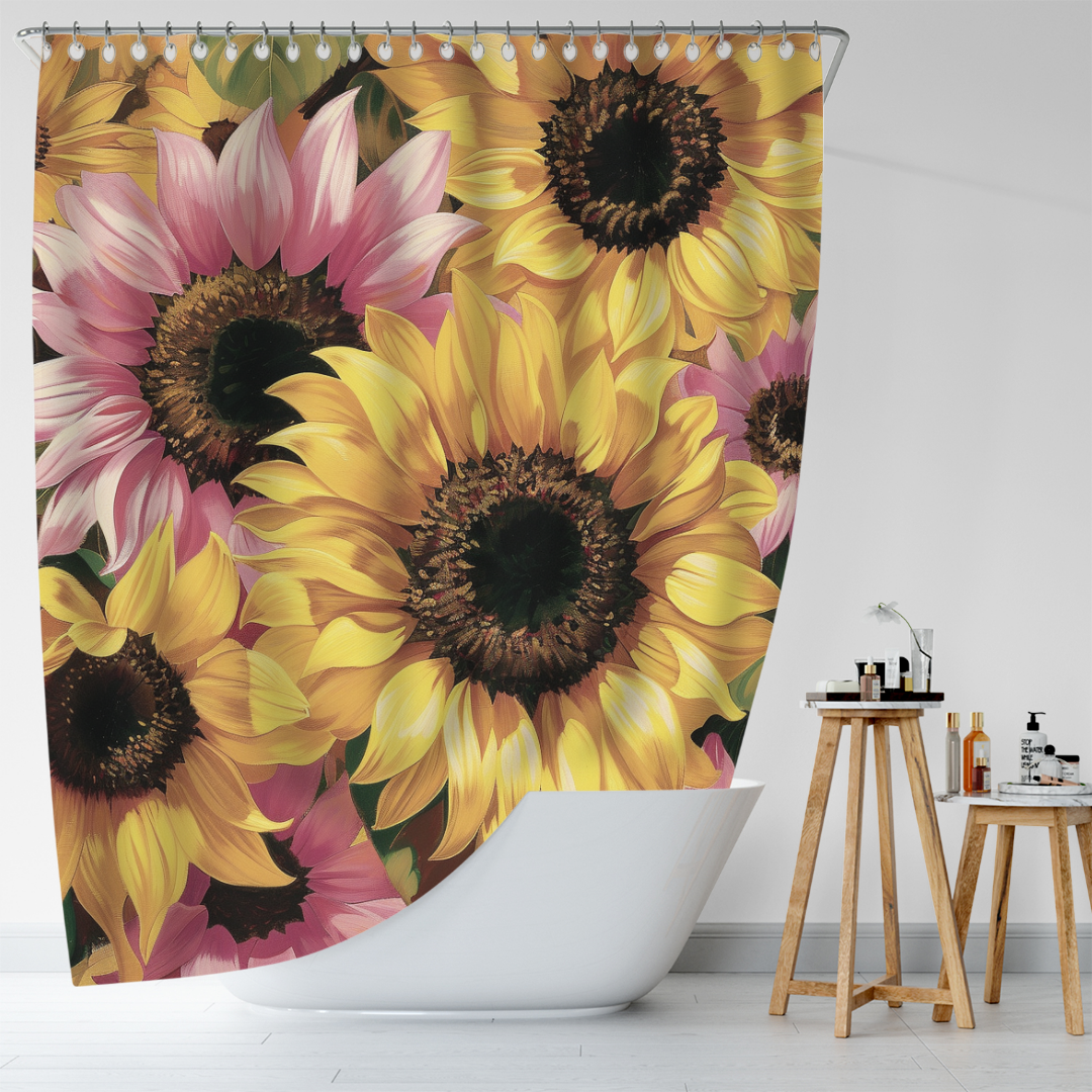 In the bathroom, a white tub is accompanied by a Cotton Cat Rustic Pink Sunflower Shower Curtain-Cottoncat, adorned with large yellow and pink sunflowers. Nearby, a wooden stool holds various toiletries, complementing the farmhouse decor. The clean white walls enhance the bright atmosphere.