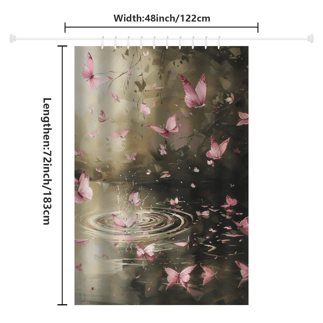 The Cotton Cat Pink Butterfly Flying over Forest Water Shower Curtain features pink butterflies over a dark backdrop with water ripples, measuring 48 inches wide by 72 inches long. This elegant nature bathroom decor adds a touch of serenity and charm to any bathroom.