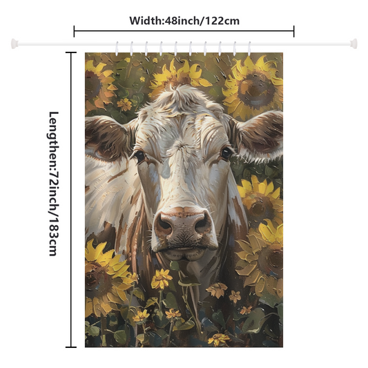 The Cotton Cat Farmhouse White Cow in a Field of Sunflowers Shower Curtain features a captivating tapestry with a close-up view of a cow's face amidst vibrant sunflowers. Measuring 48 inches (122 cm) in width and 72 inches (183 cm) in length, it is ideal for enhancing your sunflower-themed bathroom decor.