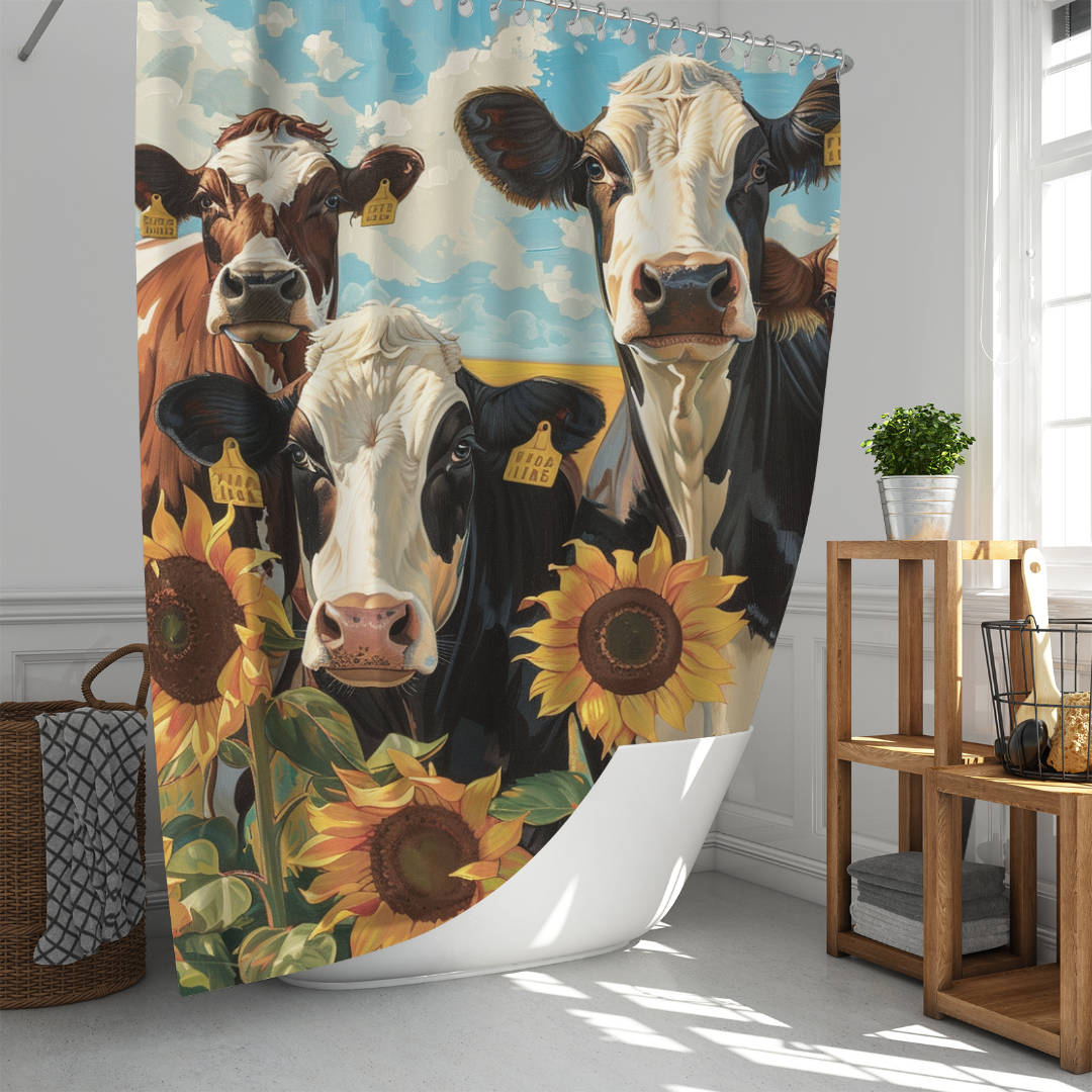 The Cotton Cat Farmhouse Chic Cow Sunflower Shower Curtain showcases a vibrant print of three cows with yellow ear tags and large sunflowers set against a blue sky dotted with clouds, perfect for adding charm to any white bathroom with accents like a woven laundry basket and wooden shelf. This delightful piece brings a touch of Farmhouse Chic to your decor.