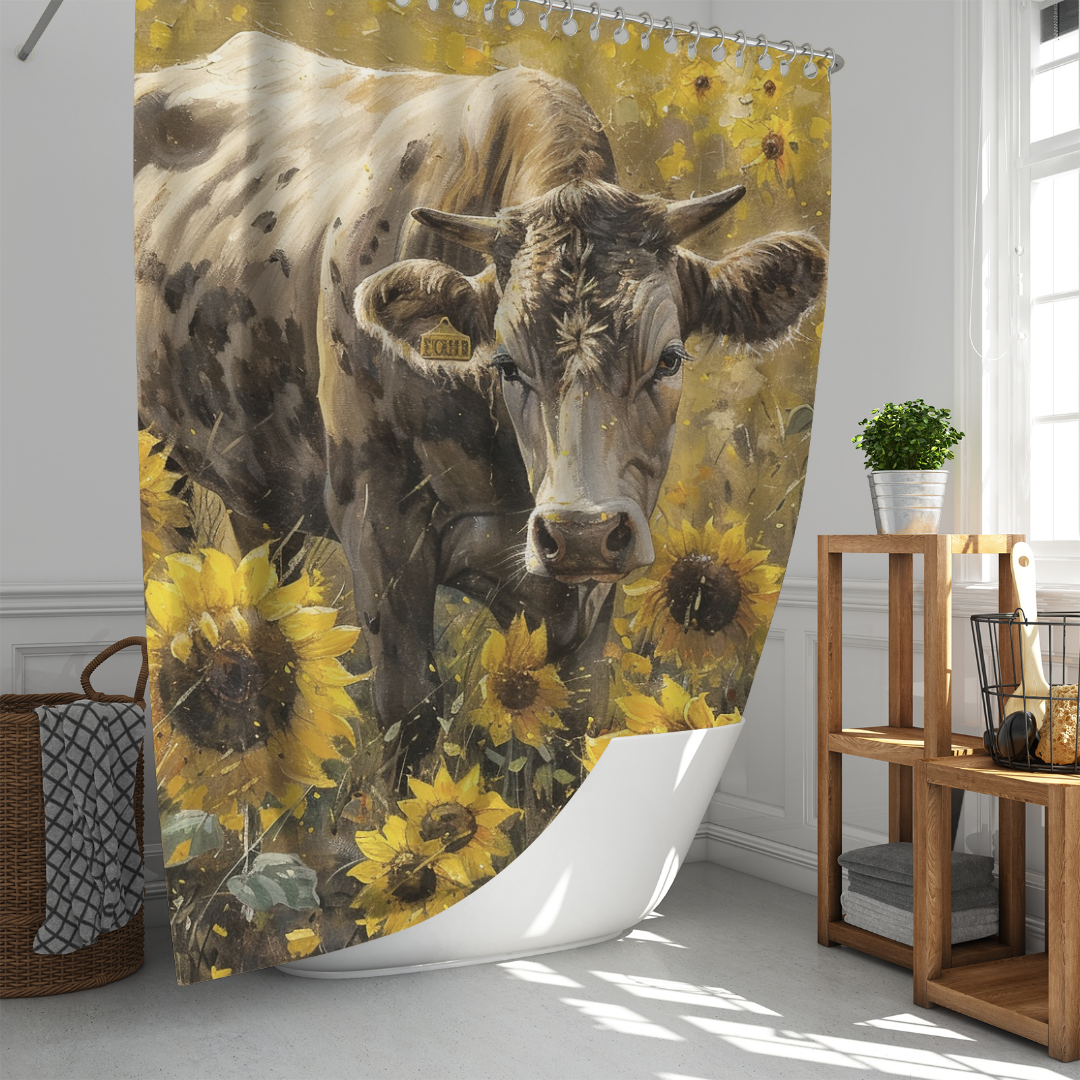 The Cotton Cat Rustic Cow Yellow Sunflower Shower Curtain, featuring a realistic painting of a cow among sunflowers, hangs in a bright, white bathroom, adding a touch of farmhouse decor.