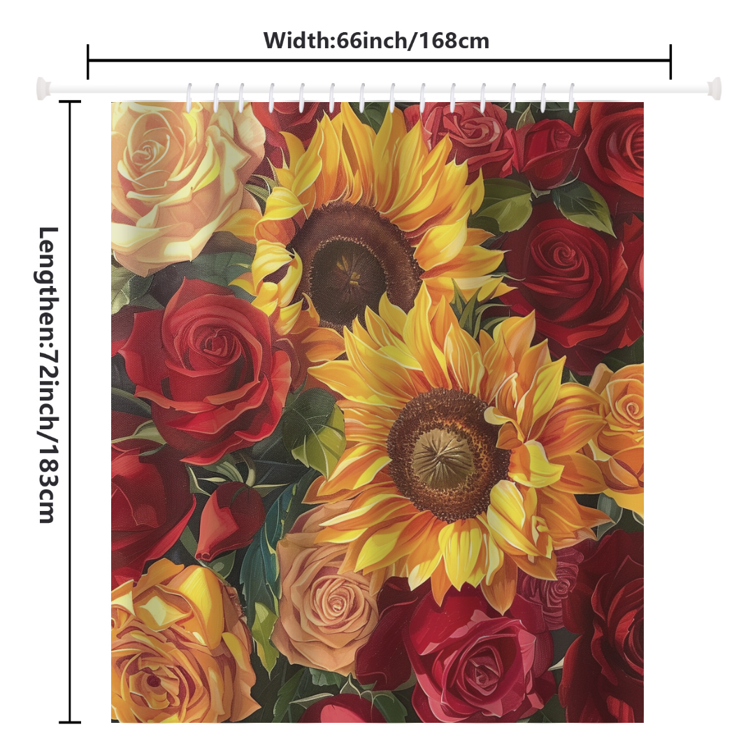 Introducing the Romantic Sunflower Red Roses Shower Curtain by Cotton Cat—a premium polyester shower curtain showcasing a romantic-themed decor with large sunflowers and vibrant red and yellow roses. Measuring 66 inches in width and 72 inches in length, it's perfect for adding a touch of floral elegance to your bathroom.