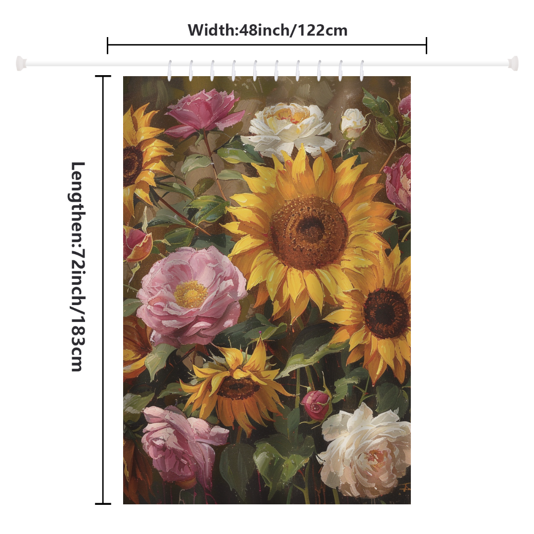 The Cotton Cat Colorful Painting Sunflower Pink Roses Shower Curtain, featuring a delightful pattern of sunflowers and pink roses, measures 48 inches (122 cm) in width and 72 inches (183 cm) in length, making it perfect for enhancing your bathroom decor.