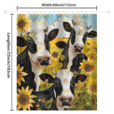 The Rustic Cheerful Painting Cow Sunflower Shower Curtain-Cottoncat by Cotton Cat features an artistic design with three black and white cows amidst cheerful sunflowers. This rustic painting on a shower curtain measures 60 inches in width and 72 inches in length, crafted from durable fabric.